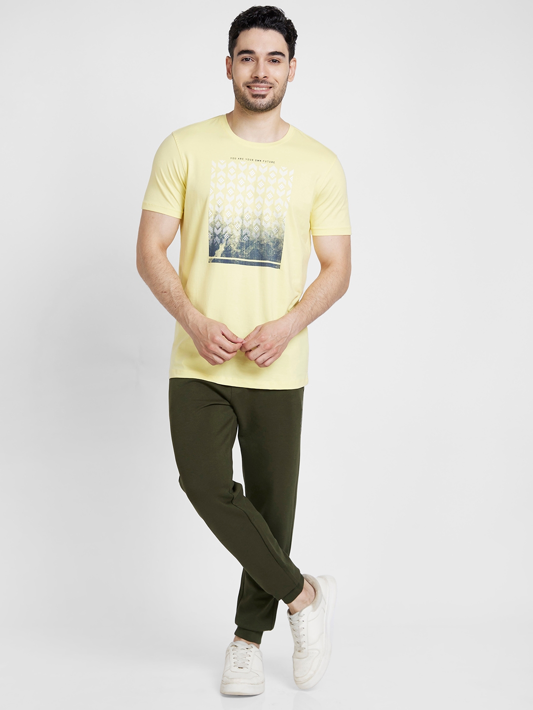 spykar | Spykar Men Powder Yellow Cotton Slim Fit Printed Round Neck Tshirt 1