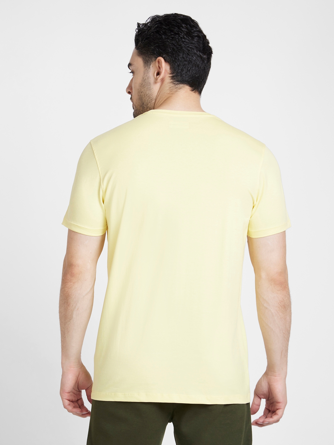 spykar | Spykar Men Powder Yellow Cotton Slim Fit Printed Round Neck Tshirt 2