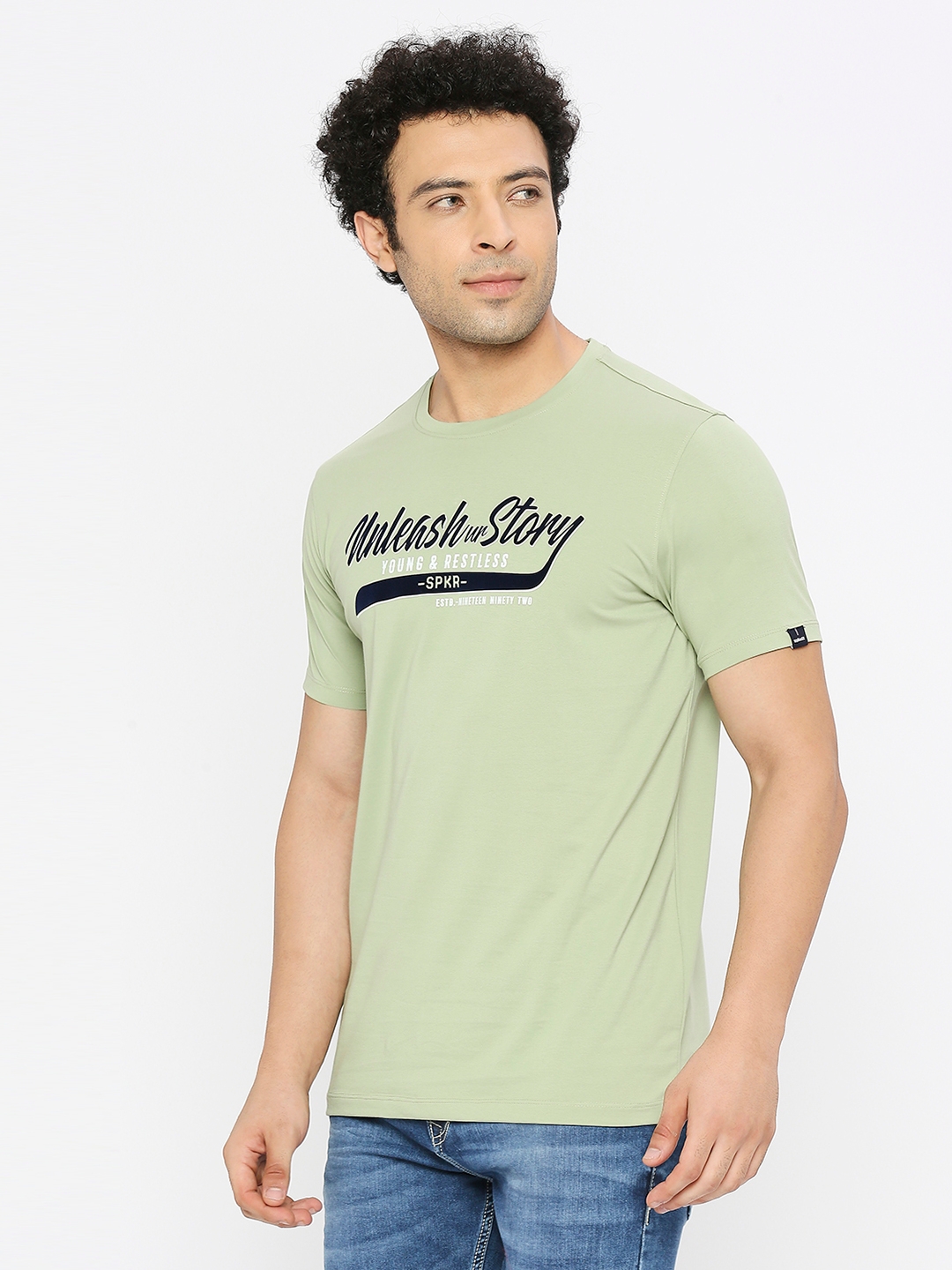spykar | Spykar Men Dusty Green Blended Regular Fit Half Sleeve Printed Round Neck Tshirt 1