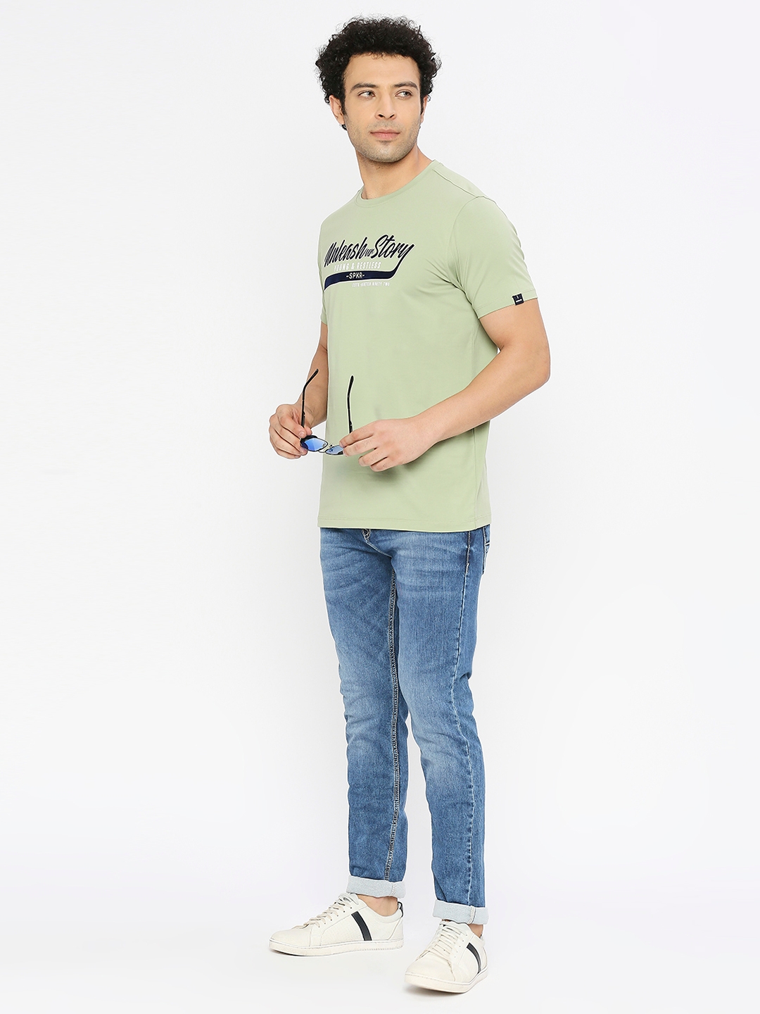 spykar | Spykar Men Dusty Green Blended Regular Fit Half Sleeve Printed Round Neck Tshirt 5