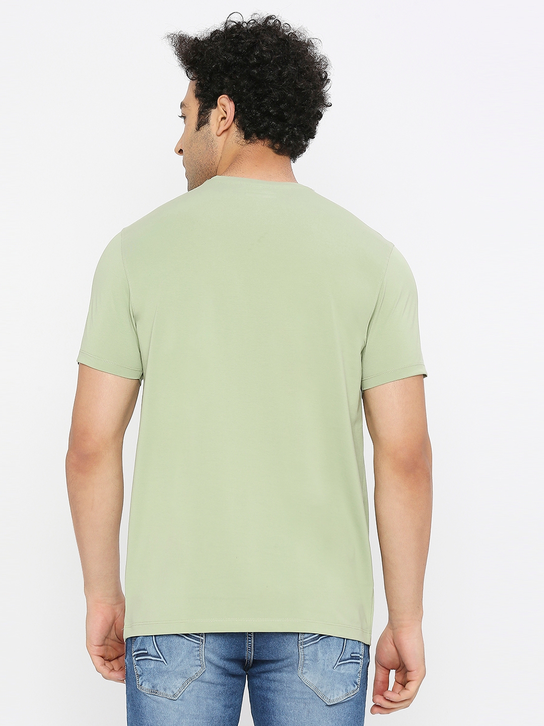 spykar | Spykar Men Dusty Green Blended Regular Fit Half Sleeve Printed Round Neck Tshirt 3