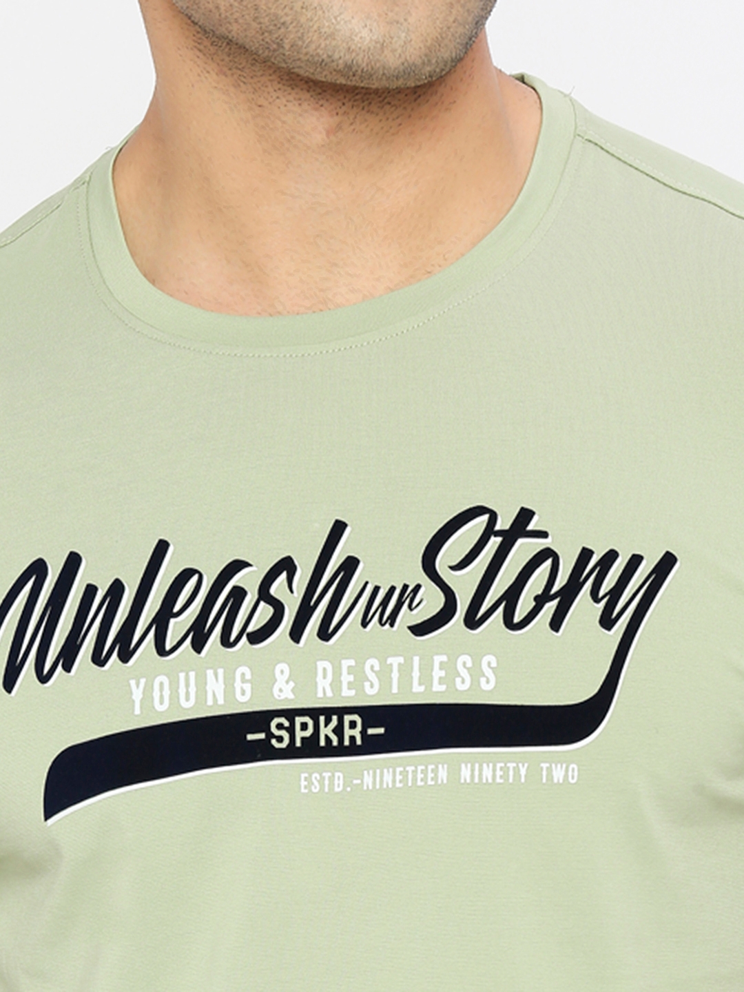 spykar | Spykar Men Dusty Green Blended Regular Fit Half Sleeve Printed Round Neck Tshirt 4