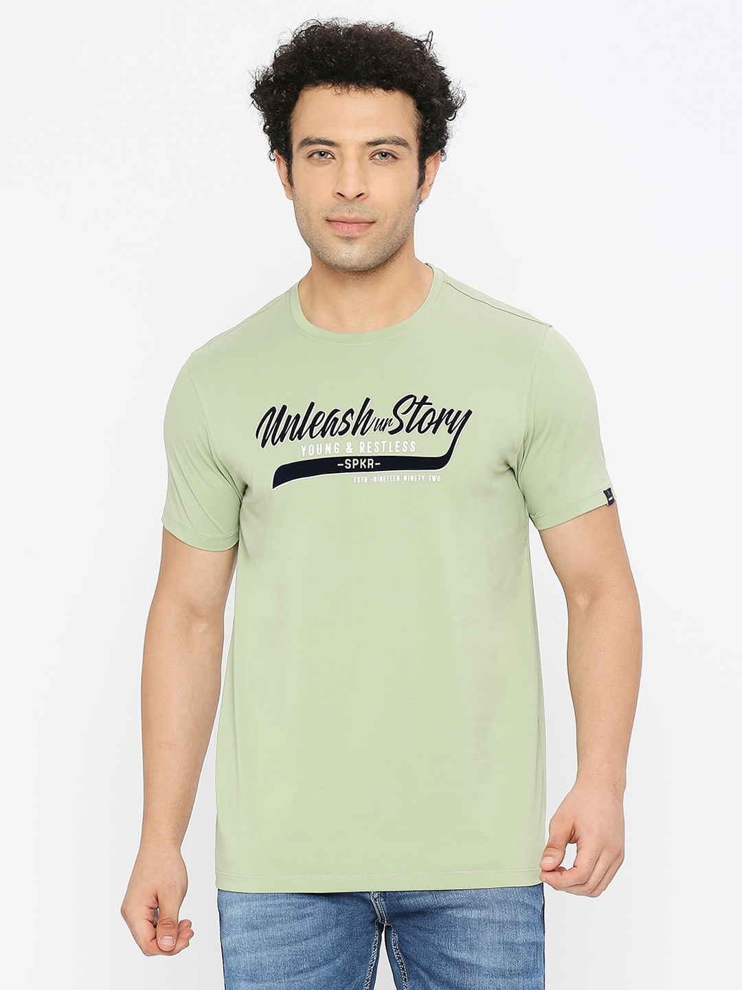 spykar | Spykar Men Dusty Green Blended Regular Fit Half Sleeve Printed Round Neck Tshirt 0