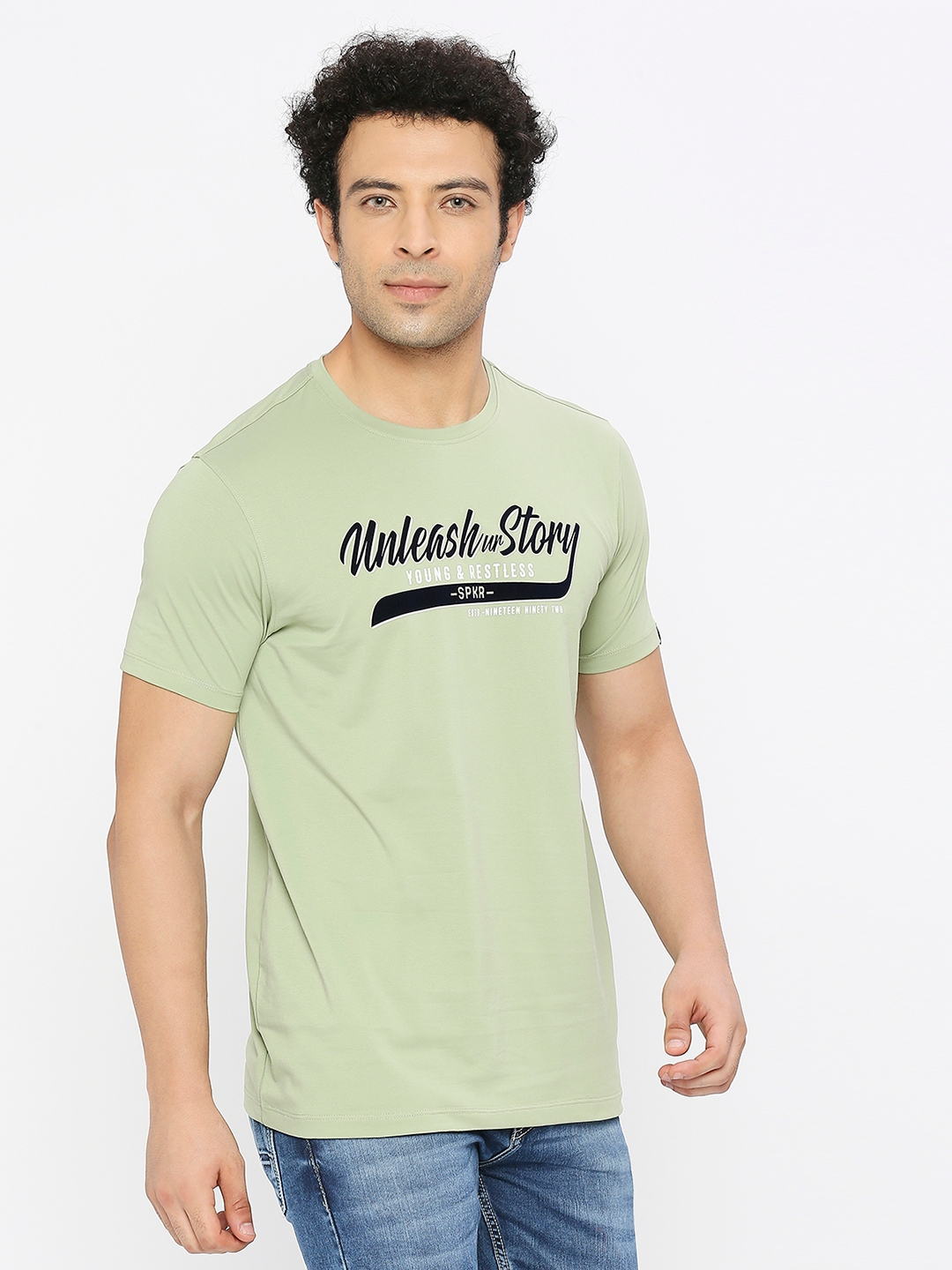 spykar | Spykar Men Dusty Green Blended Regular Fit Half Sleeve Printed Round Neck Tshirt 2
