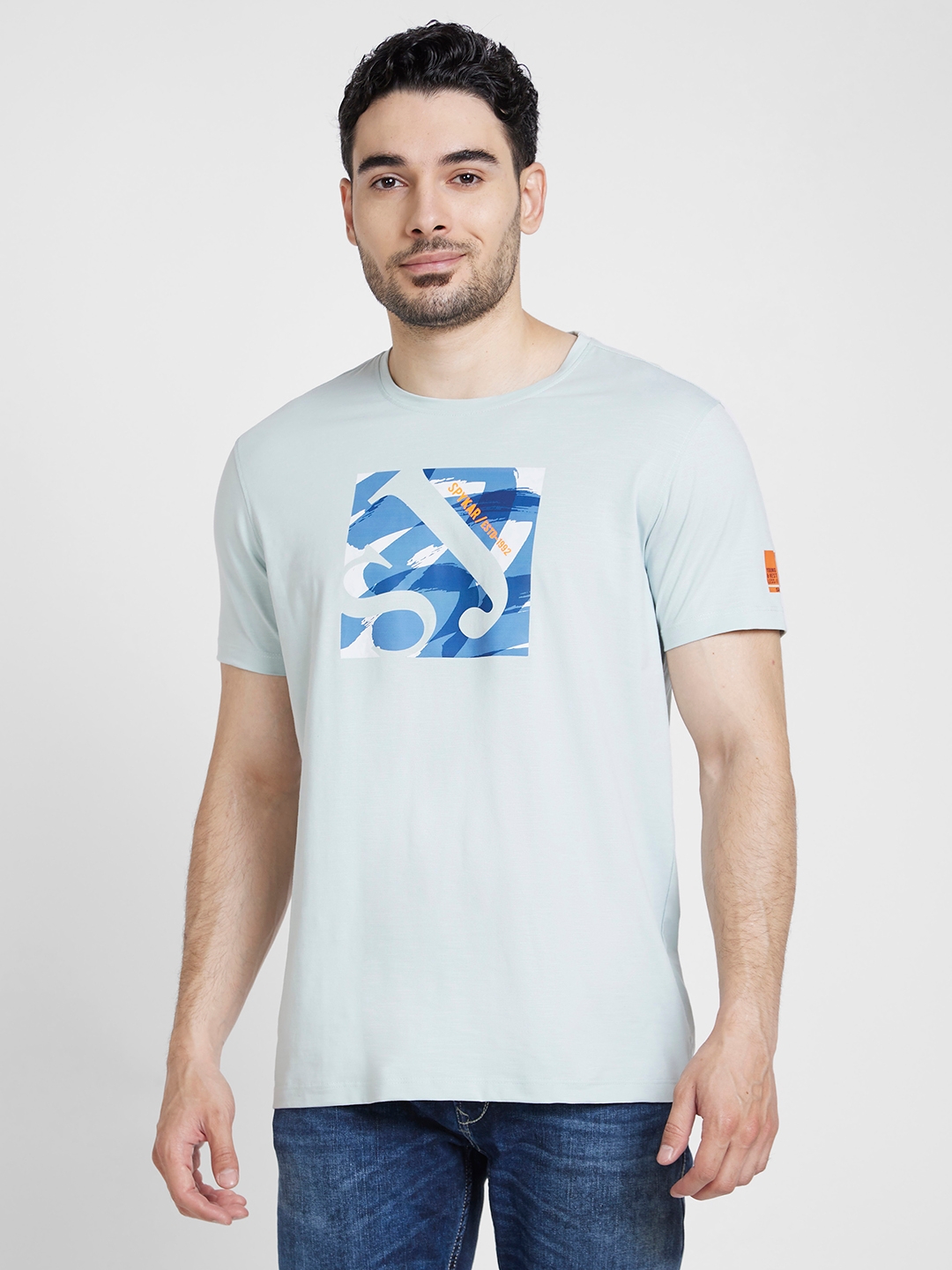 spykar | Spykar Men Ash Blue Cotton Slim Fit Printed Round Neck Tshirt 0