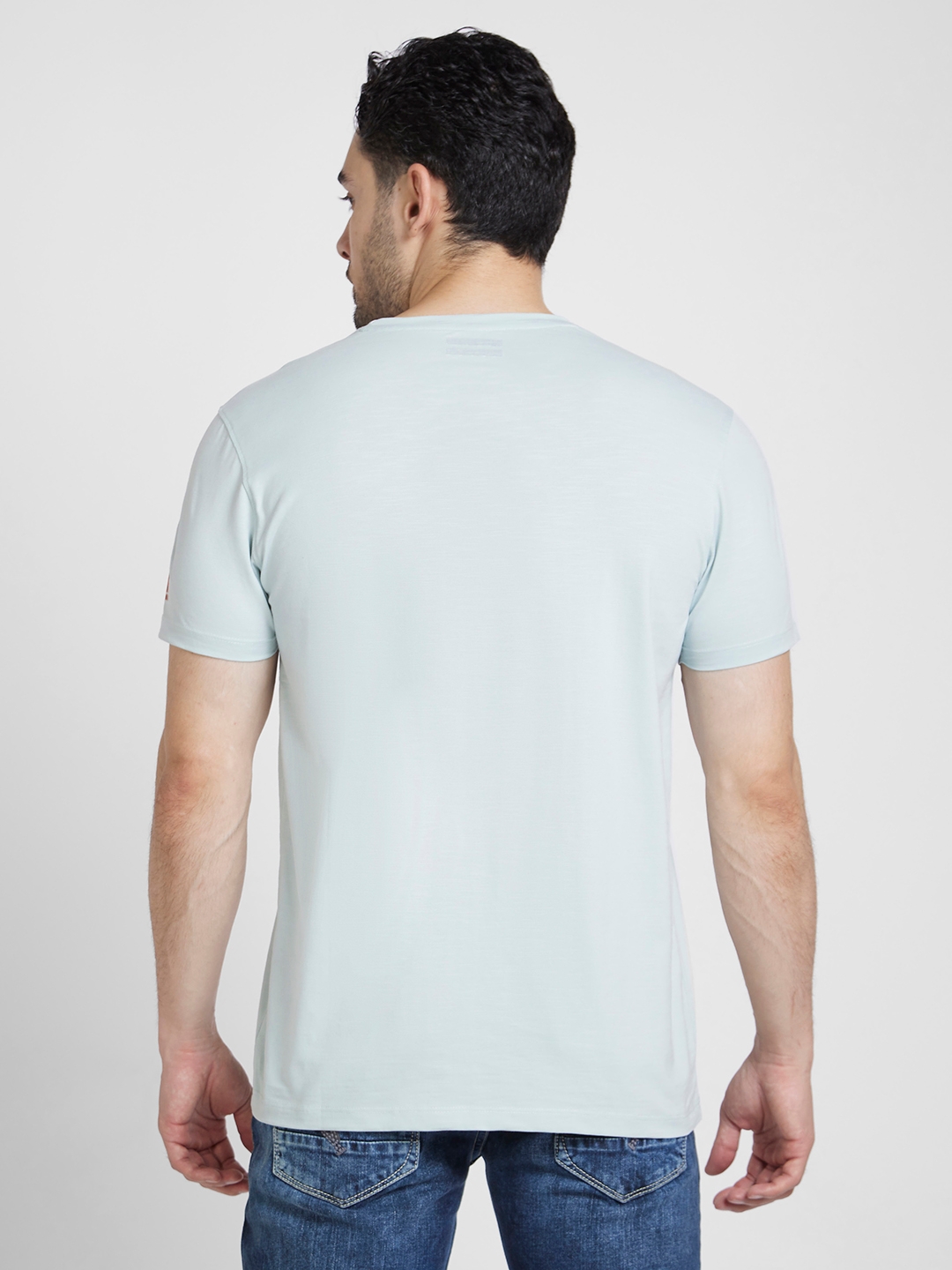 spykar | Spykar Men Ash Blue Cotton Slim Fit Printed Round Neck Tshirt 2