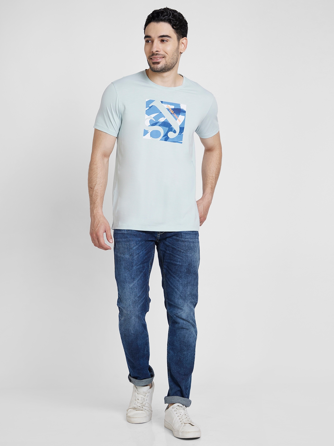spykar | Spykar Men Ash Blue Cotton Slim Fit Printed Round Neck Tshirt 1