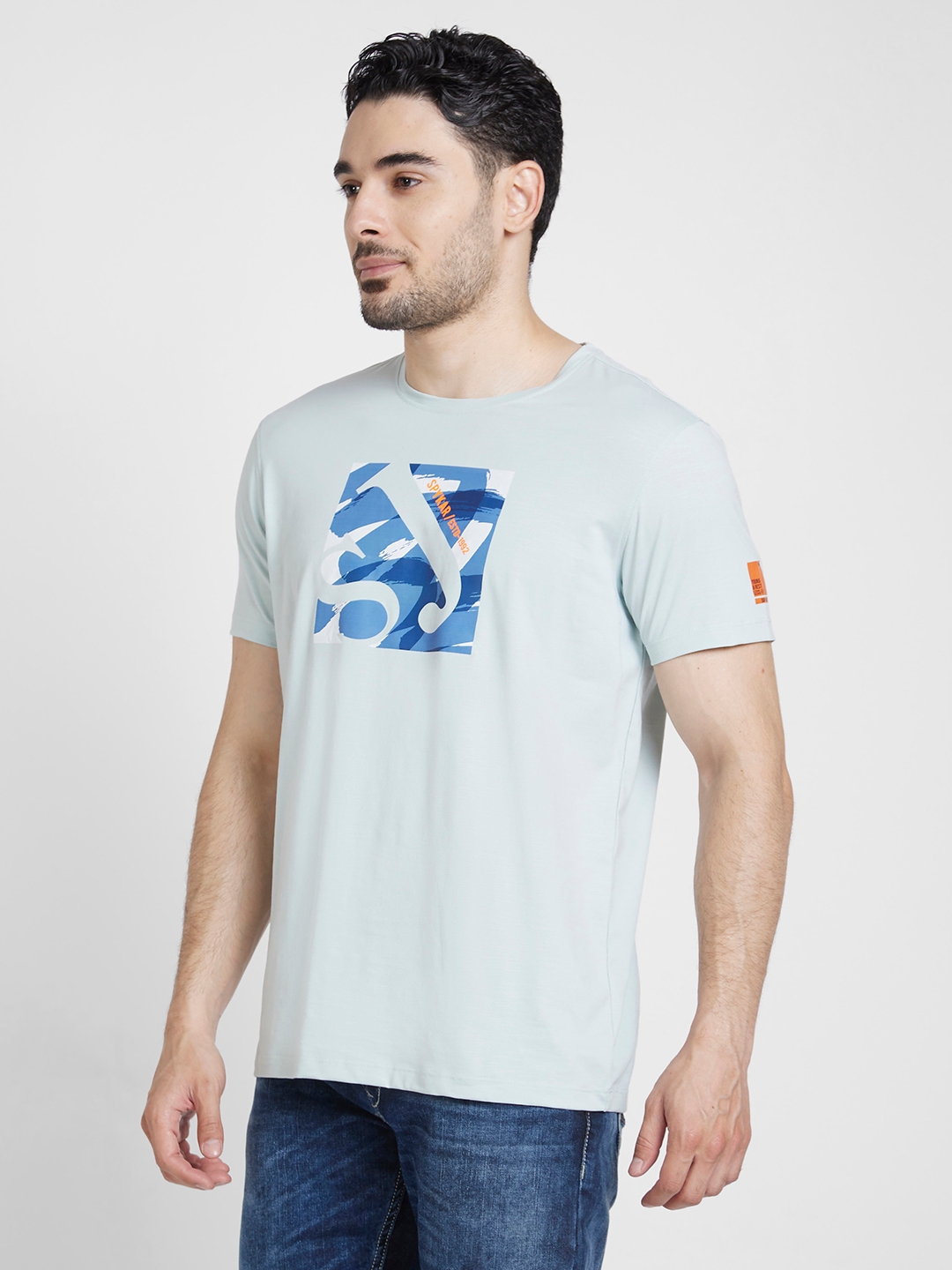 spykar | Spykar Men Ash Blue Cotton Slim Fit Printed Round Neck Tshirt 3