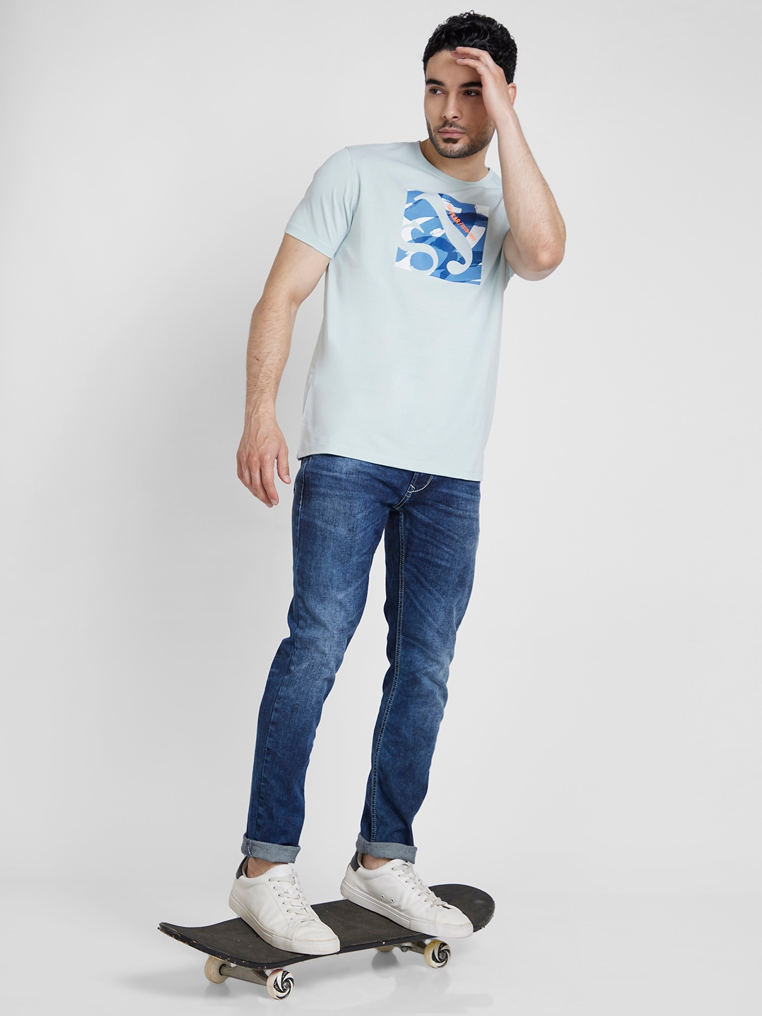 spykar | Spykar Men Ash Blue Cotton Slim Fit Printed Round Neck Tshirt 5