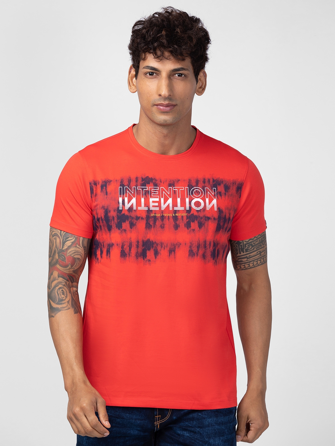 spykar | Spykar Men Deep Coral Cotton Regular Fit Half Sleeve Printed T-Shirt 0
