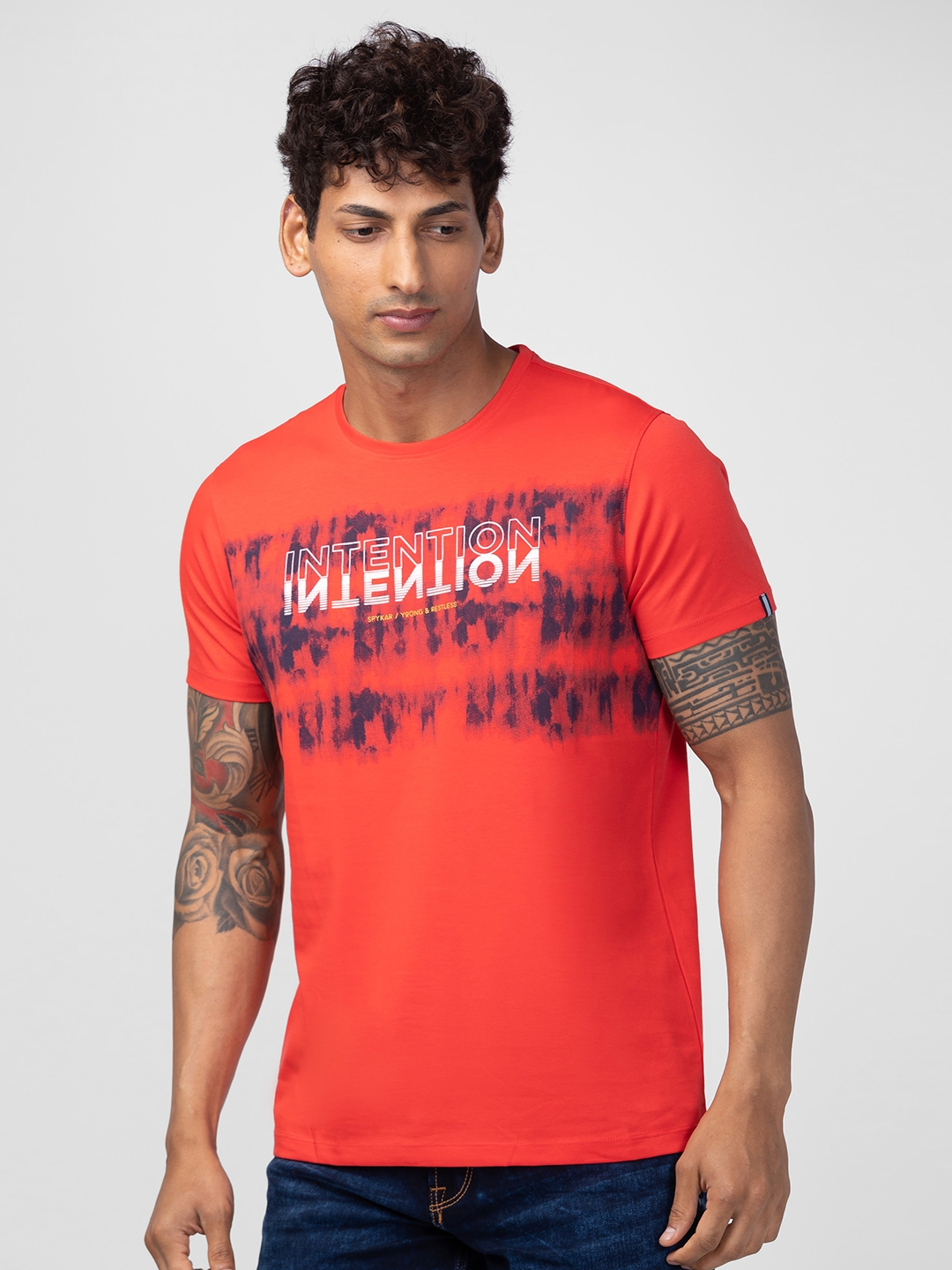 spykar | Spykar Men Deep Coral Cotton Regular Fit Half Sleeve Printed T-Shirt 3