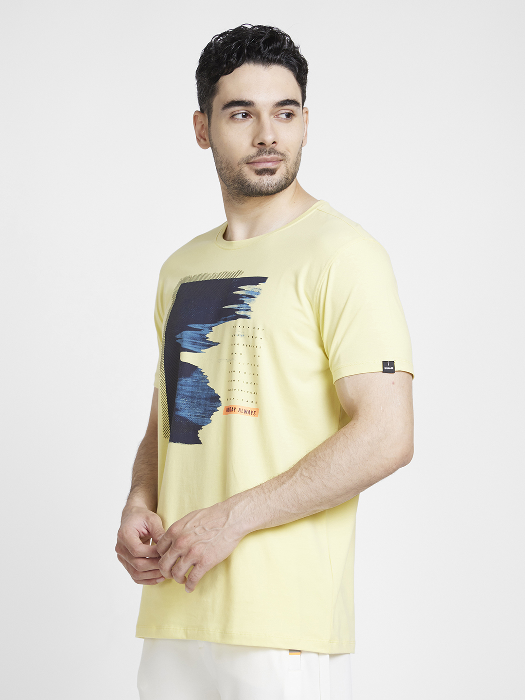 Spykar Men Powder Yellow Cotton Slim Fit Printed Round Neck Tshirt