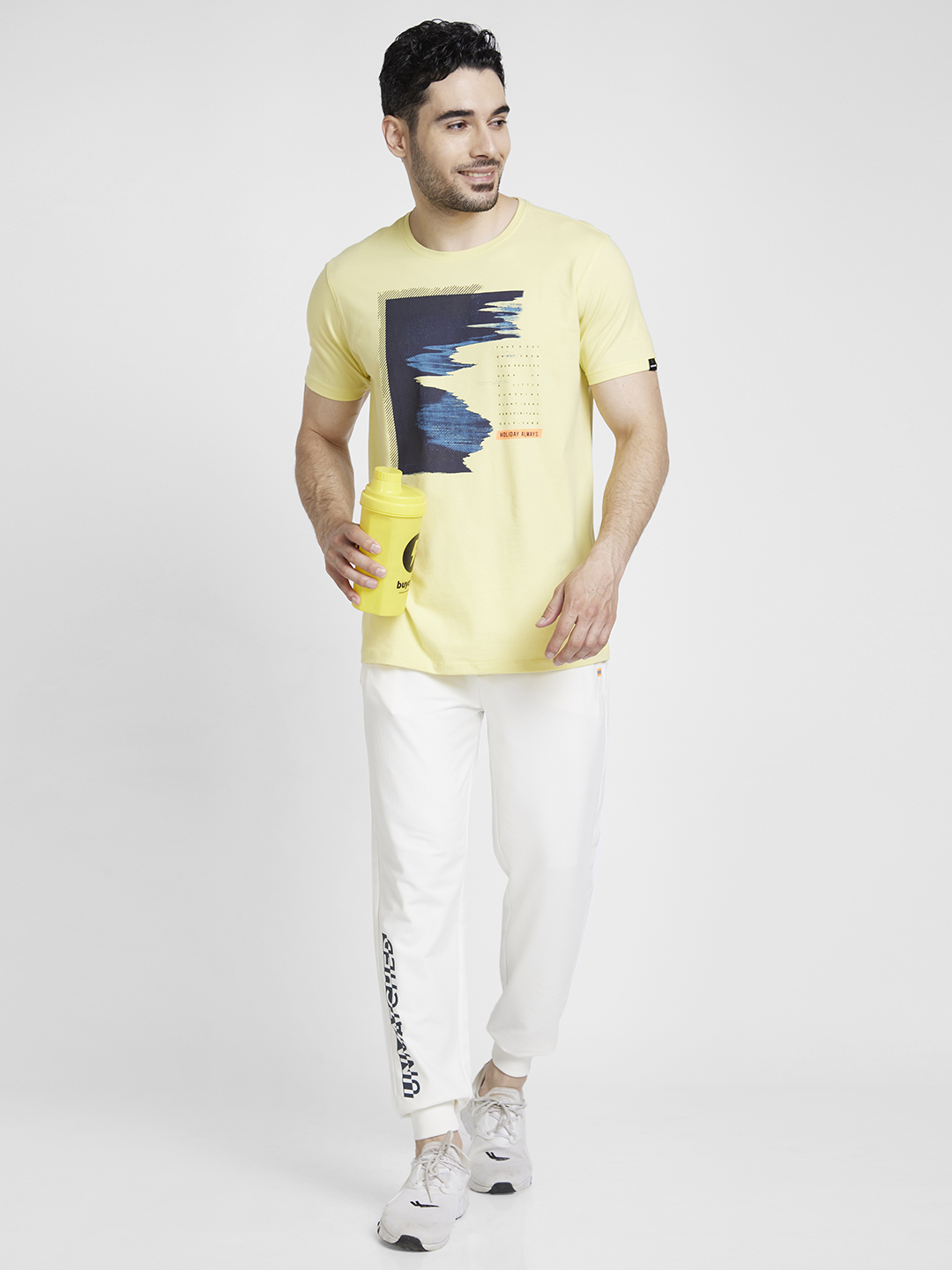 Spykar Men Powder Yellow Cotton Slim Fit Printed Round Neck Tshirt