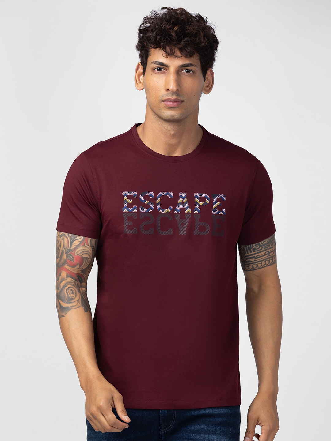 Spykar | Spykar Men Wine Cotton Regular Fit Half Sleeve Printed T-Shirt 0
