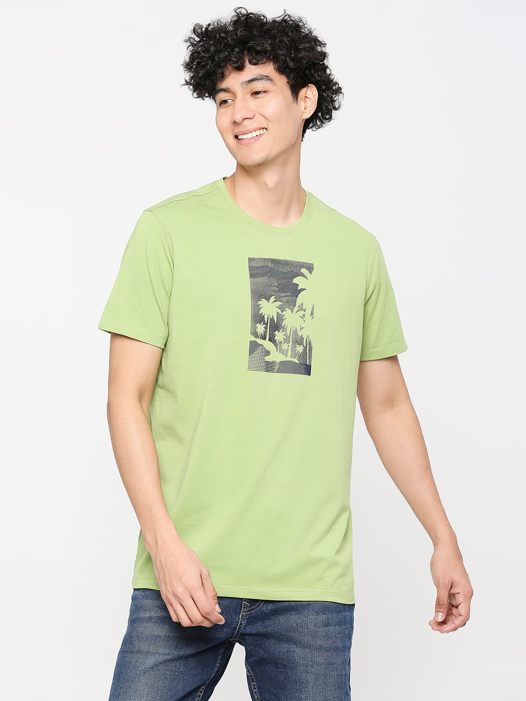 spykar | Spykar Men Dusty Pista Green Cotton Slim Fit Round Neck Printed Tshirt 0