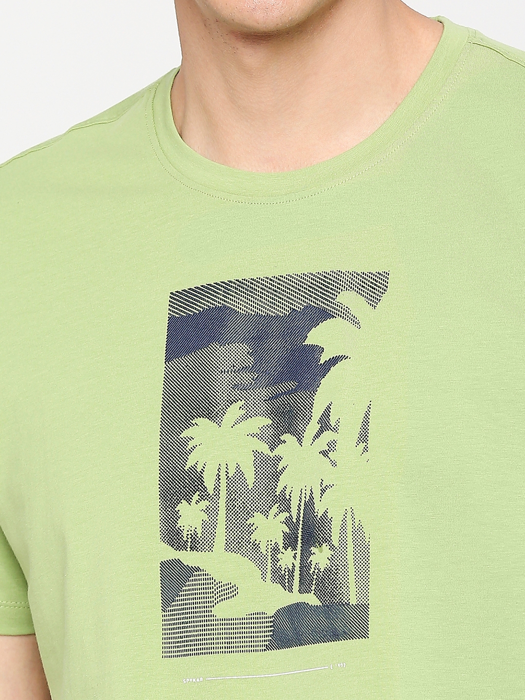 spykar | Spykar Men Dusty Pista Green Cotton Slim Fit Round Neck Printed Tshirt 4