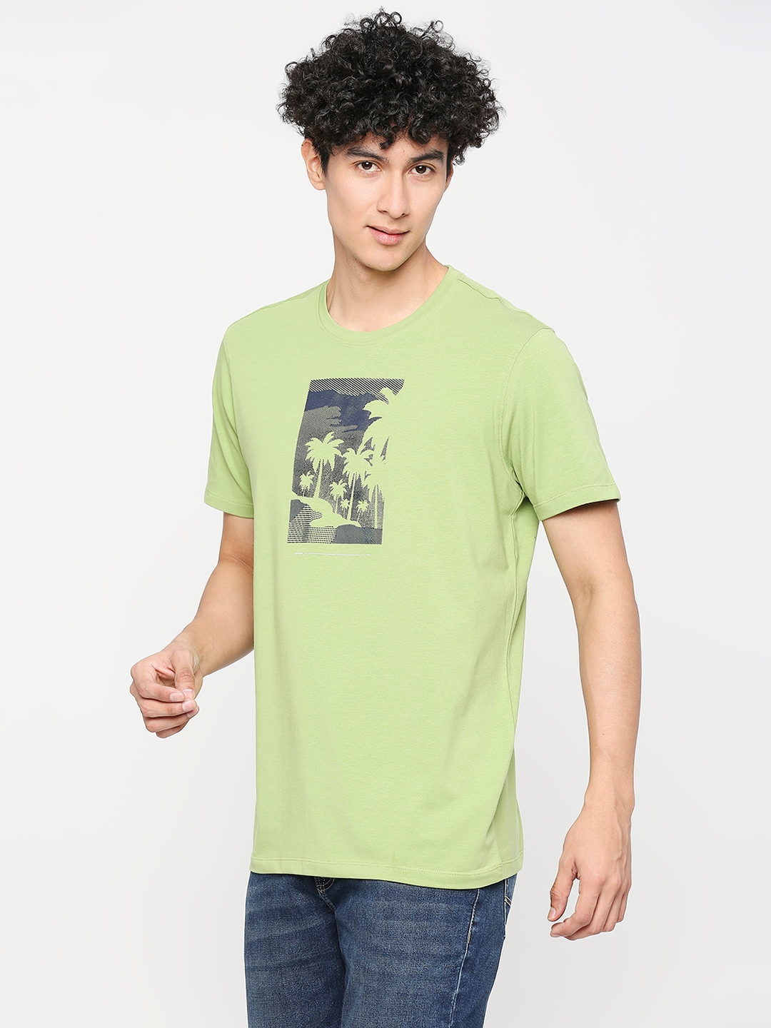 spykar | Spykar Men Dusty Pista Green Cotton Slim Fit Round Neck Printed Tshirt 1