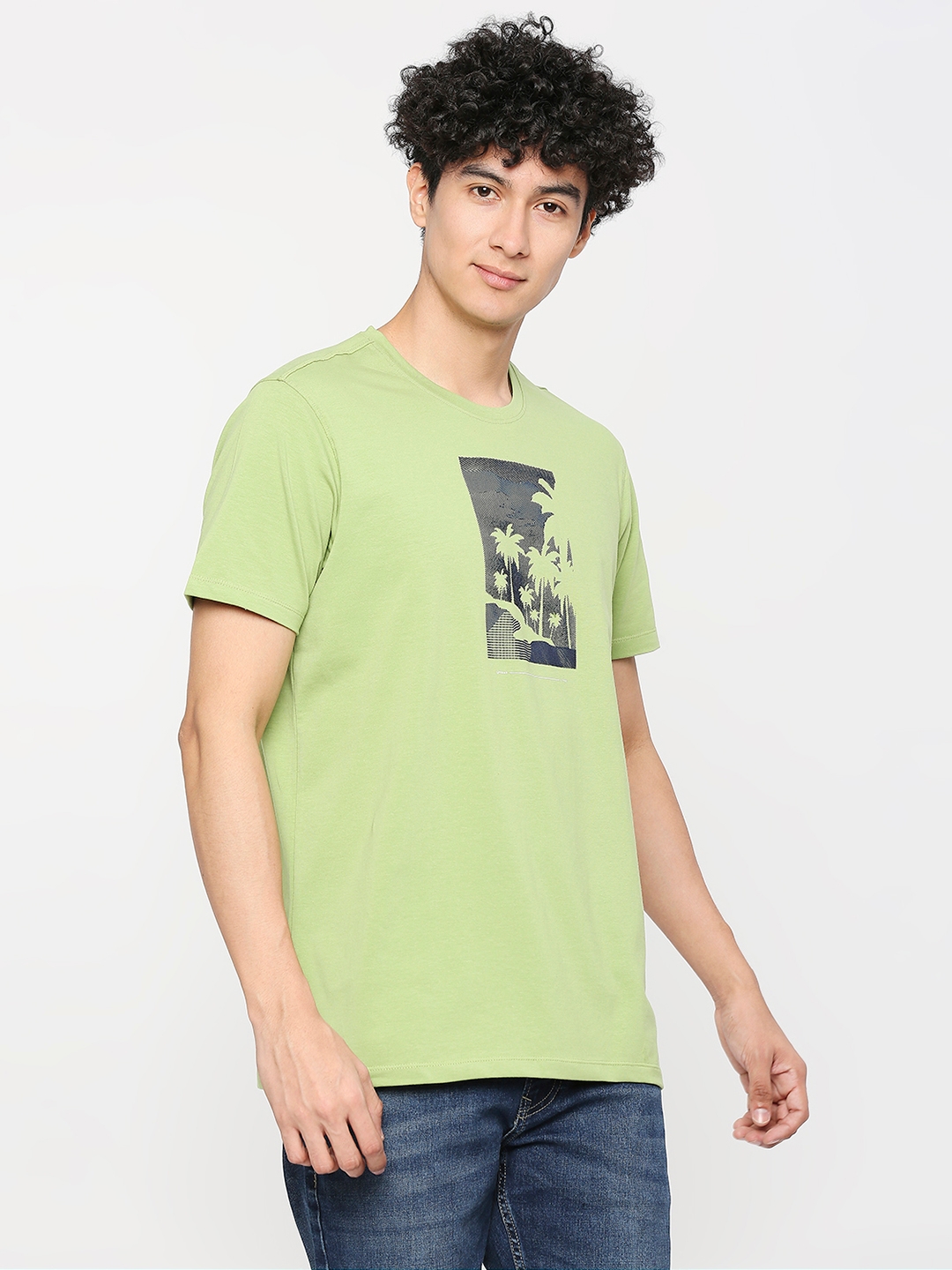 spykar | Spykar Men Dusty Pista Green Cotton Slim Fit Round Neck Printed Tshirt 2