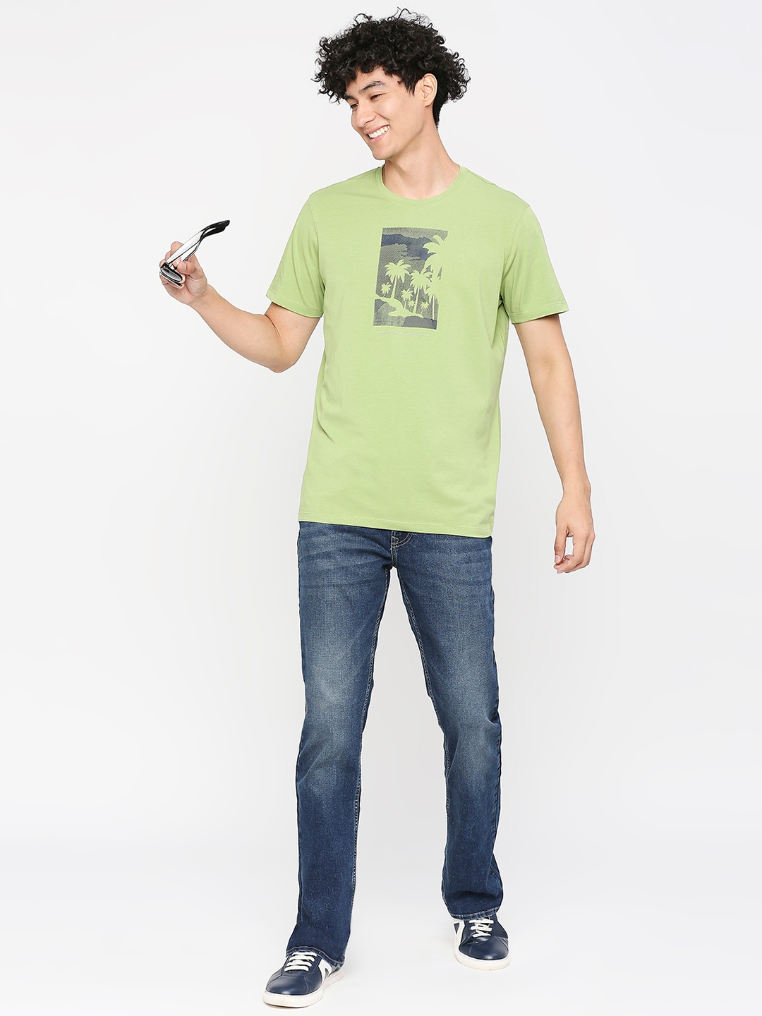 spykar | Spykar Men Dusty Pista Green Cotton Slim Fit Round Neck Printed Tshirt 5
