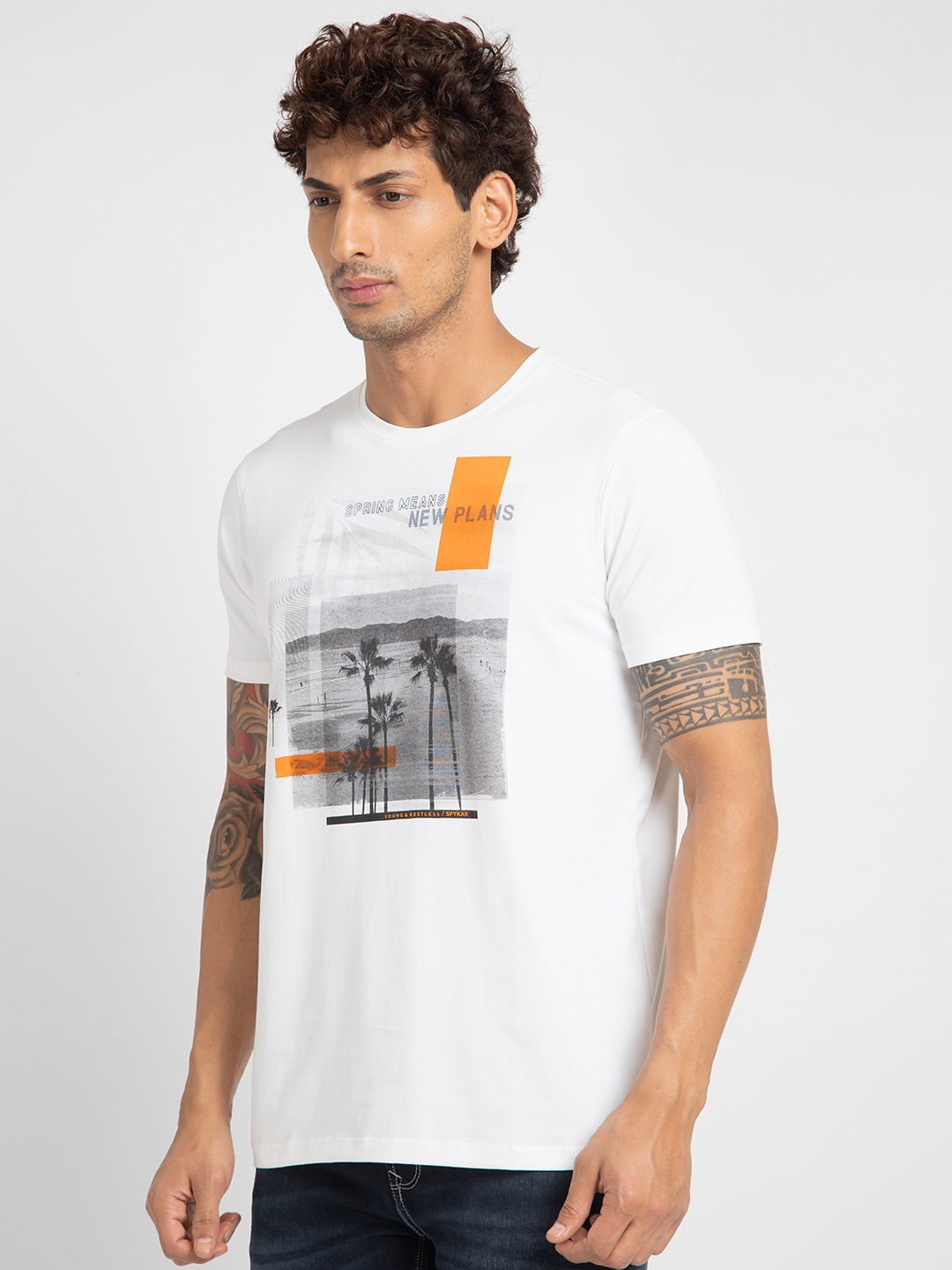 spykar | Spykar Men White Blended Slim Fit Printed Round Neck Tshirt 3