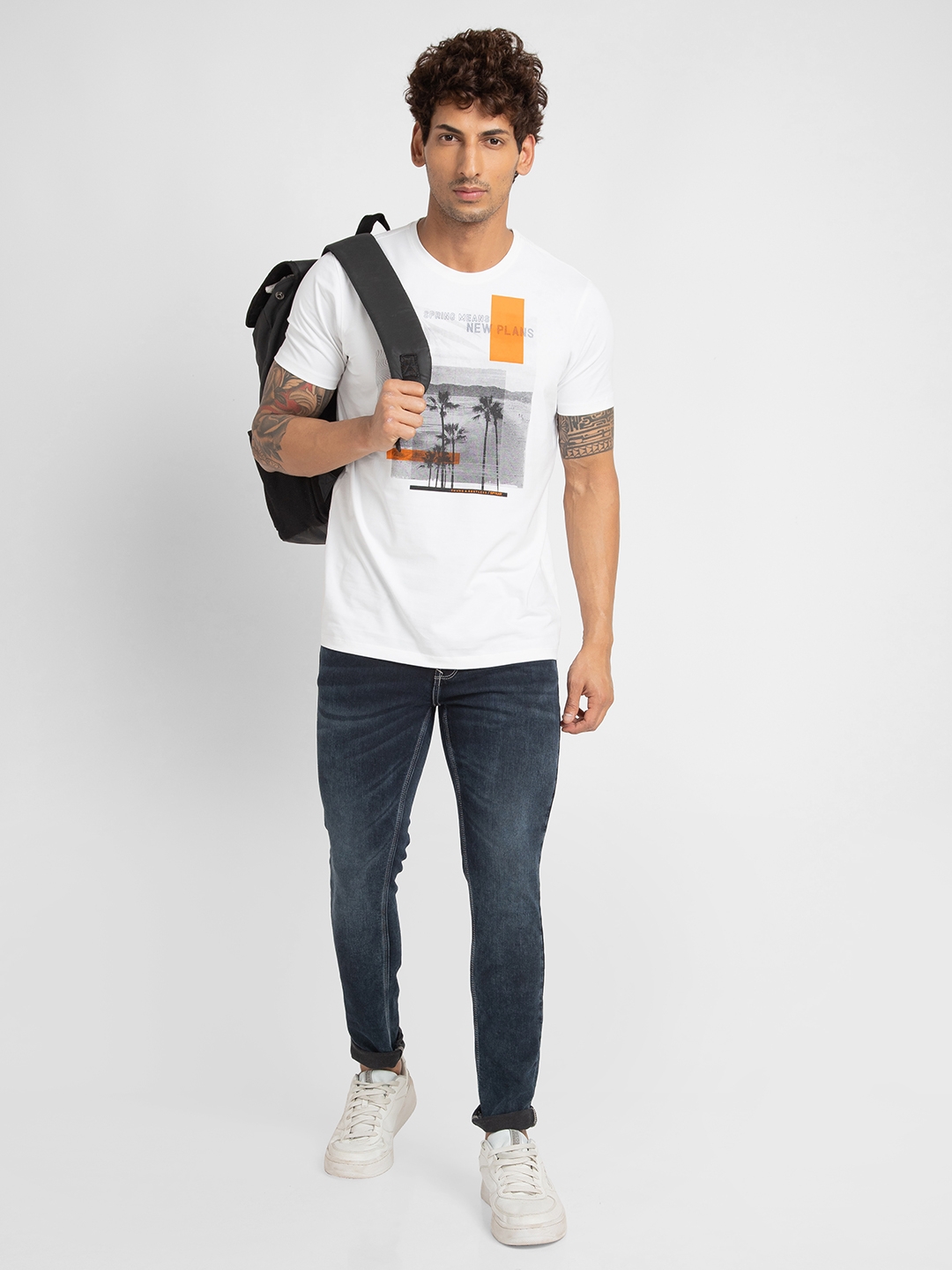 spykar | Spykar Men White Blended Slim Fit Printed Round Neck Tshirt 5