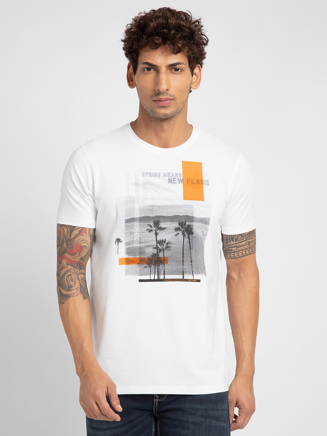 spykar | Spykar Men White Blended Slim Fit Printed Round Neck Tshirt 0