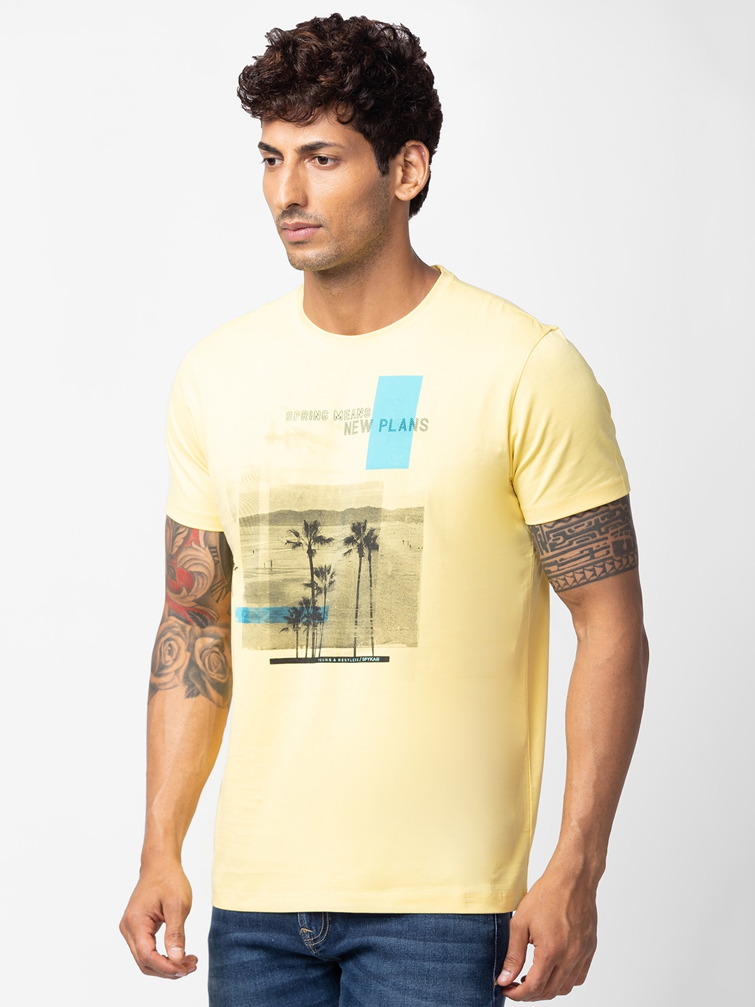 spykar | Spykar Men Yellow Cotton Regular Fit Half Sleeve Printed T-Shirt 3