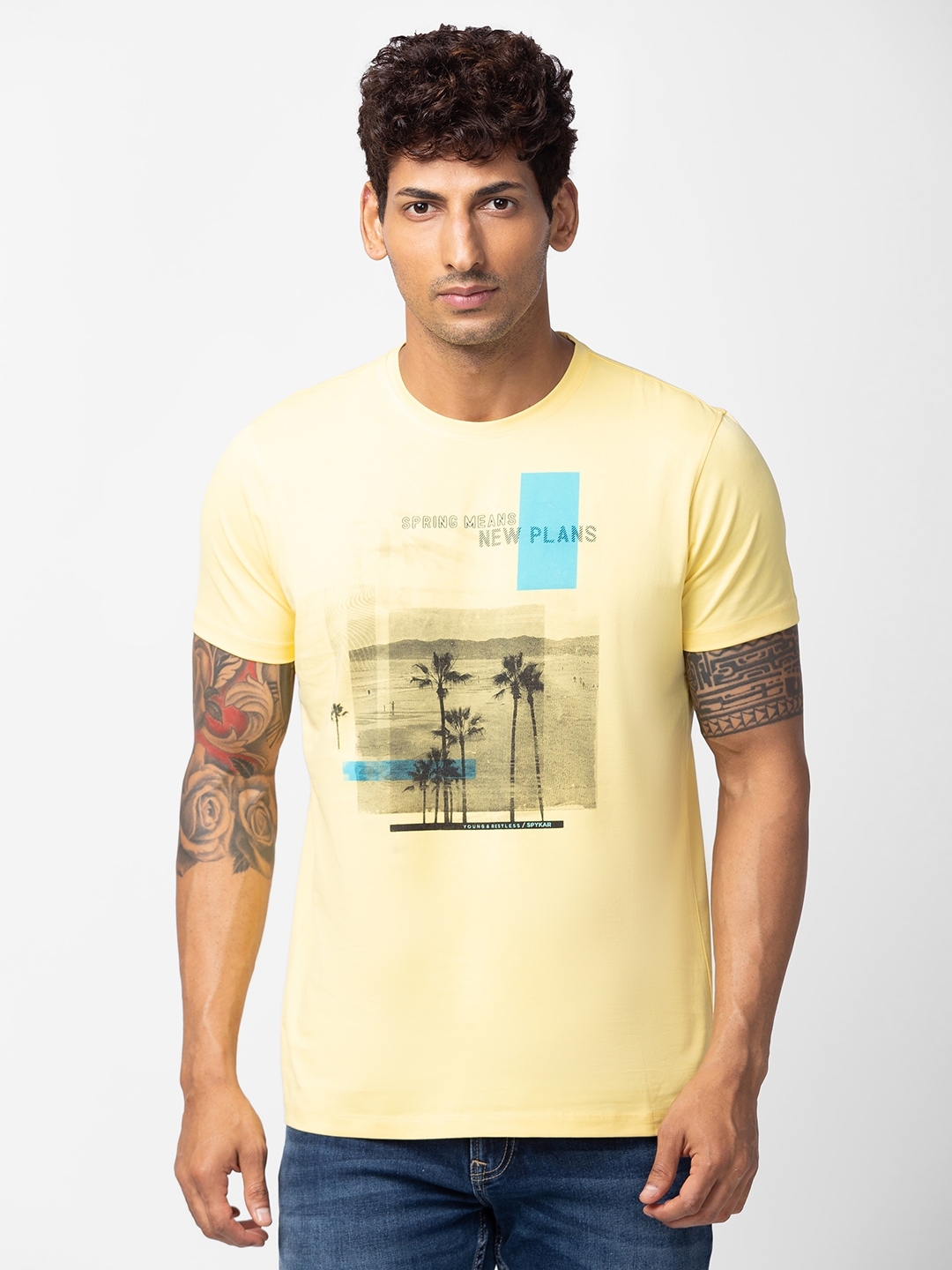 spykar | Spykar Men Yellow Cotton Regular Fit Half Sleeve Printed T-Shirt 0