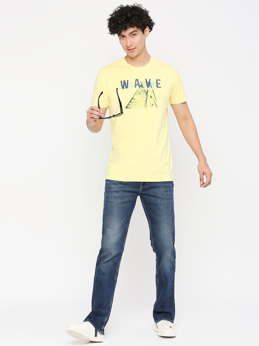 spykar | Spykar Men Powder Yellow Cotton Slim Fit Round Neck Printed Tshirt 5