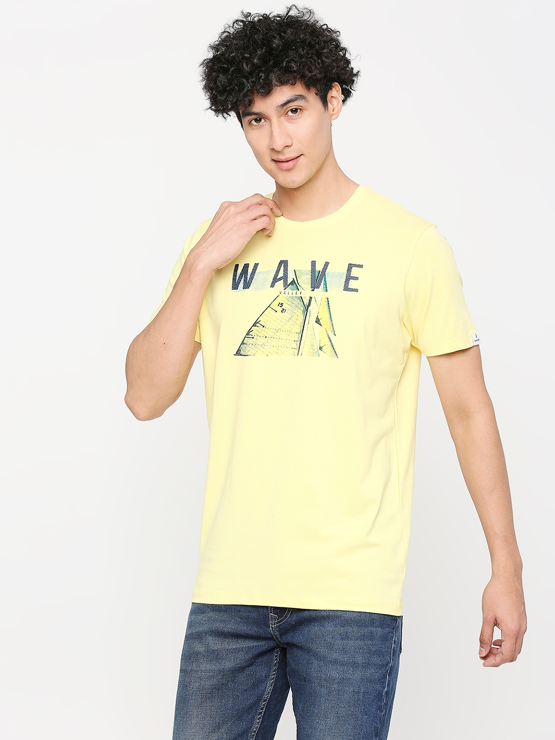 spykar | Spykar Men Powder Yellow Cotton Slim Fit Round Neck Printed Tshirt 1