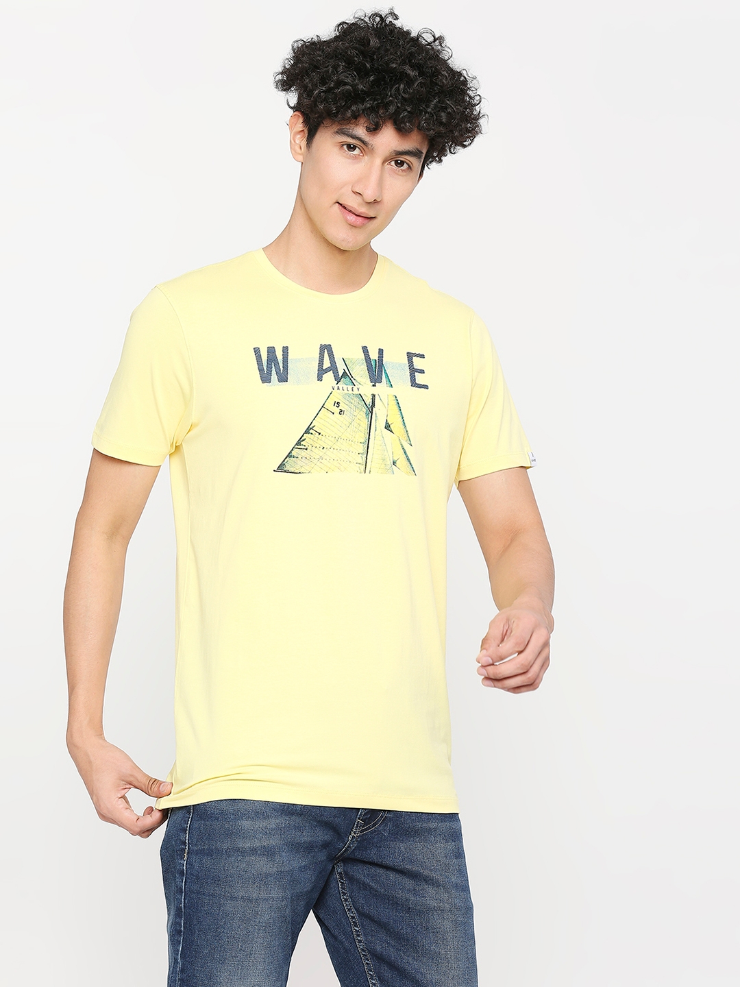 spykar | Spykar Men Powder Yellow Cotton Slim Fit Round Neck Printed Tshirt 2