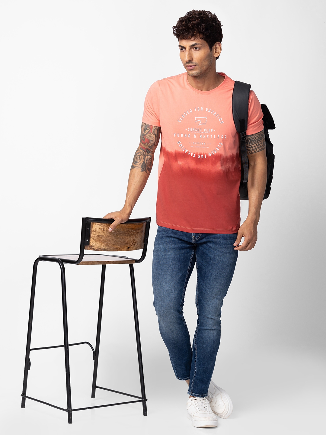 spykar | Spykar Men Peach Cotton Regular Fit Half Sleeve Printed T-Shirt 5