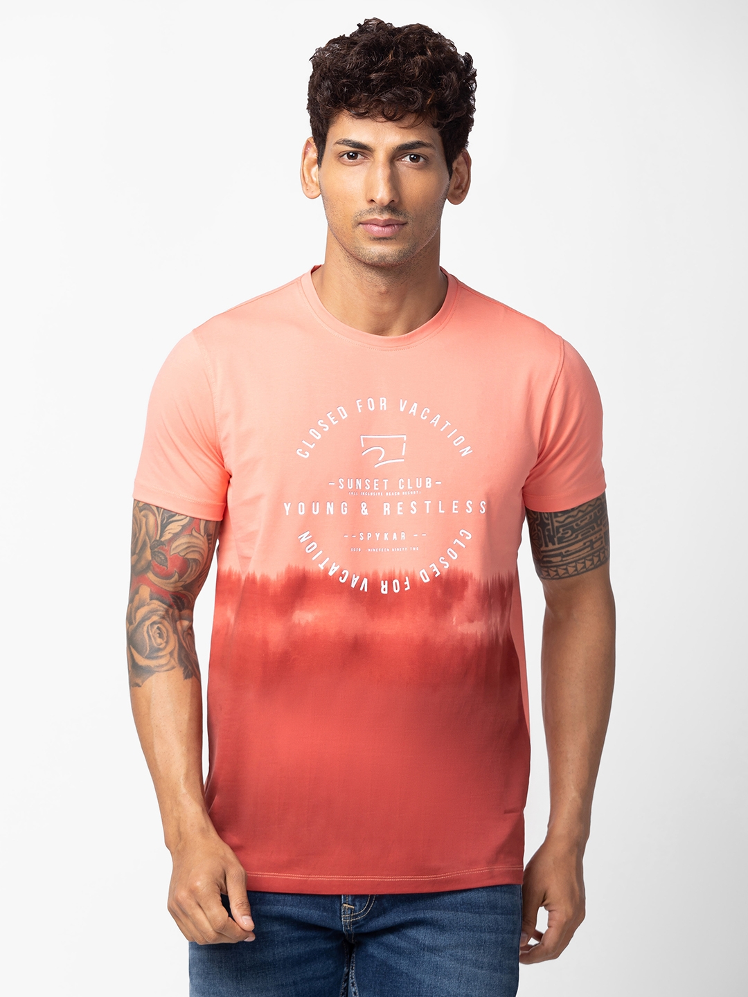spykar | Spykar Men Peach Cotton Regular Fit Half Sleeve Printed T-Shirt 0