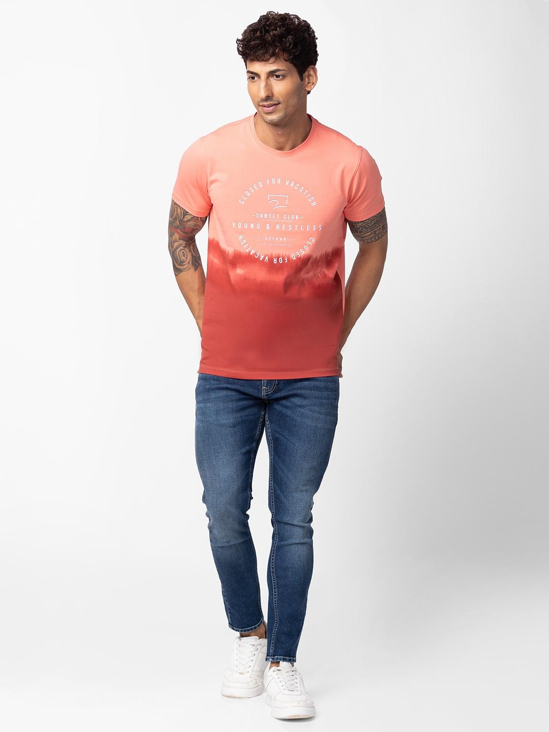 spykar | Spykar Men Peach Cotton Regular Fit Half Sleeve Printed T-Shirt 1