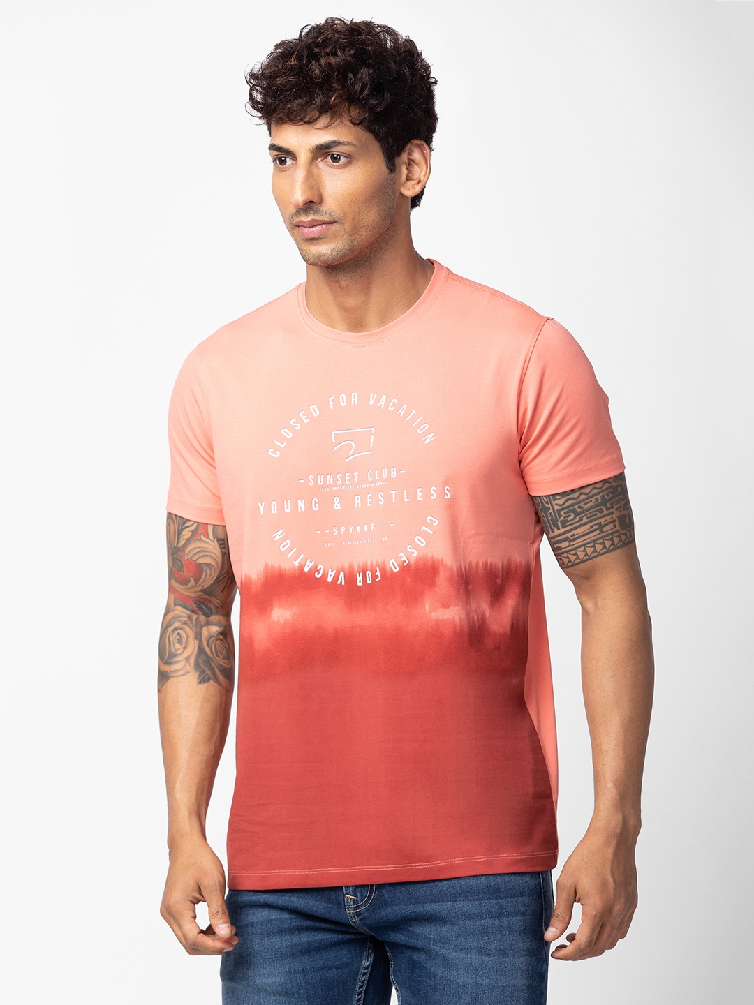 spykar | Spykar Men Peach Cotton Regular Fit Half Sleeve Printed T-Shirt 3