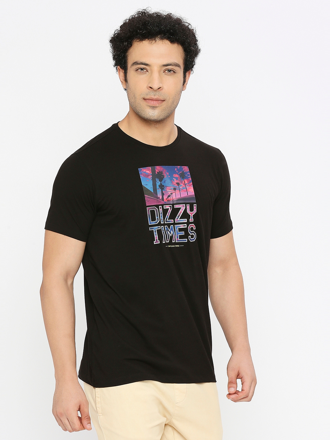 spykar | Spykar Men Black Blended Regular Fit Half Sleeve Printed Round Neck Tshirt 2
