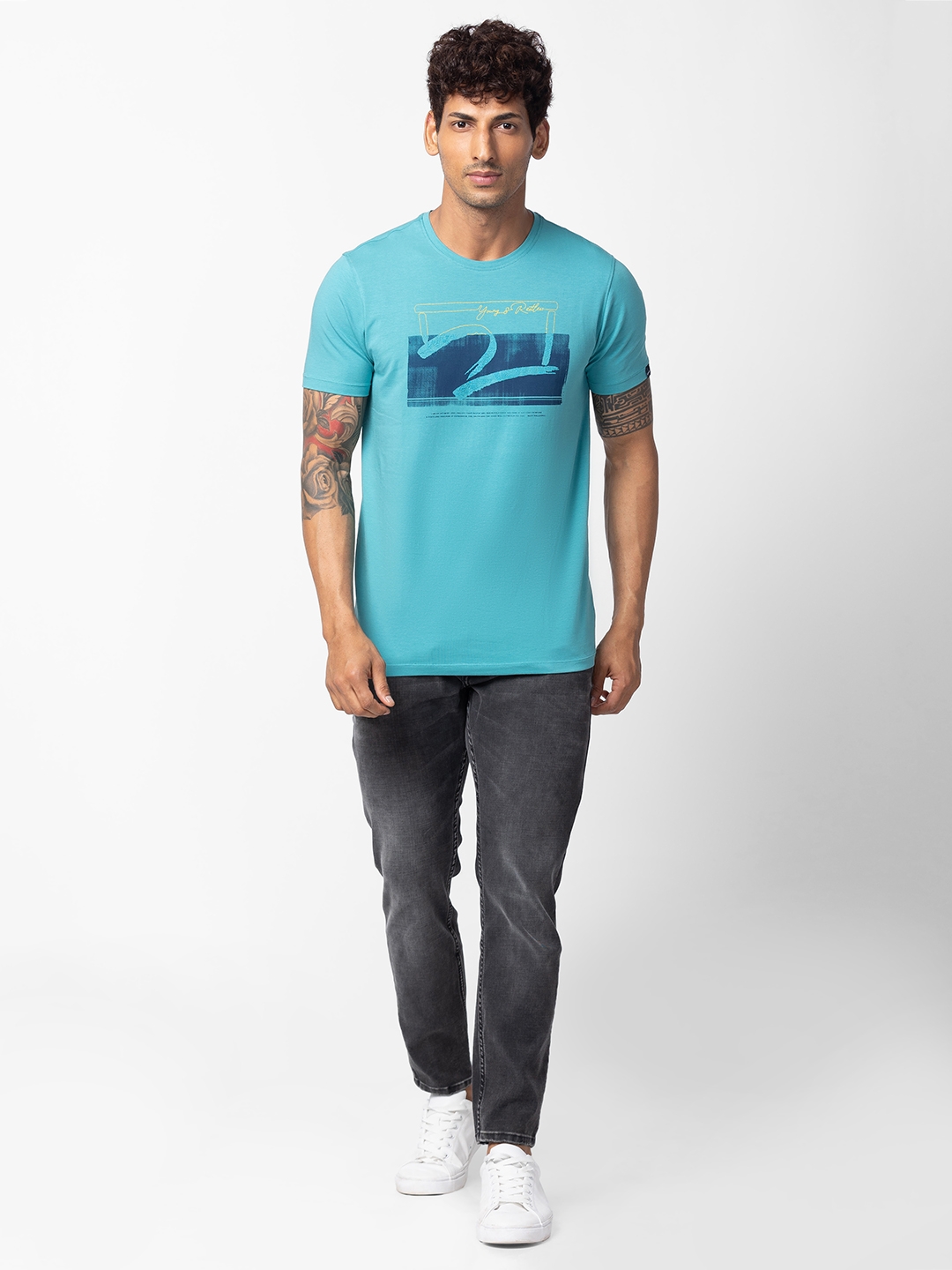 spykar | Spykar Men Dusty Turquoise Cotton Regular Fit Half Sleeve Printed T-Shirt 1
