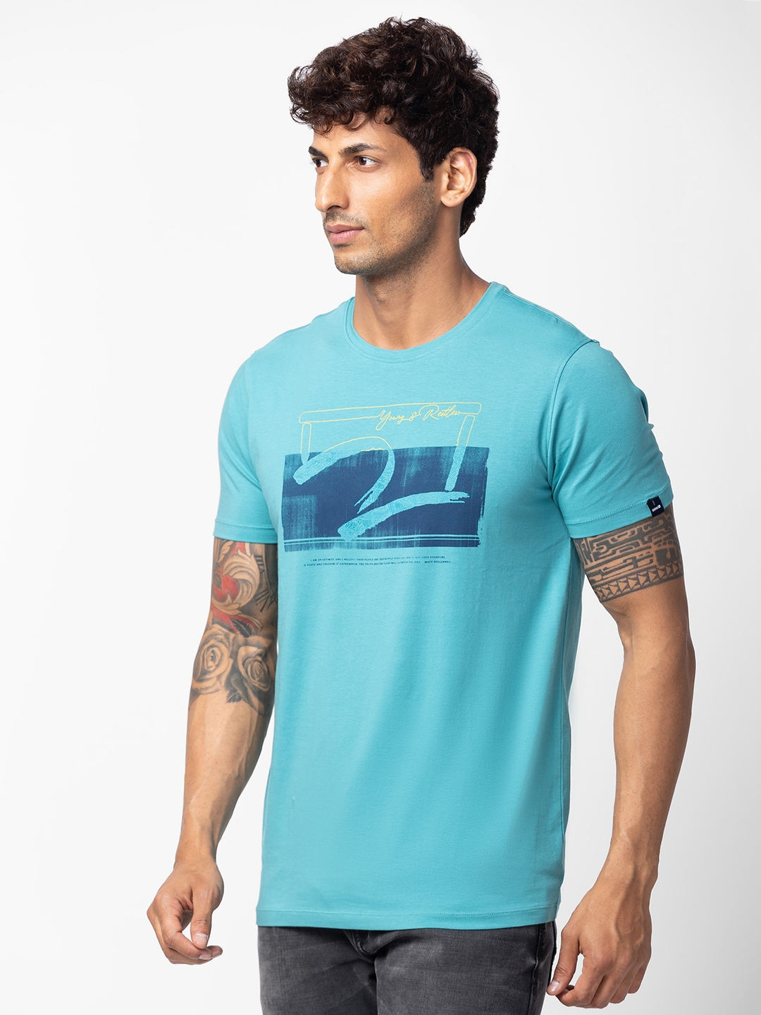 spykar | Spykar Men Dusty Turquoise Cotton Regular Fit Half Sleeve Printed T-Shirt 3