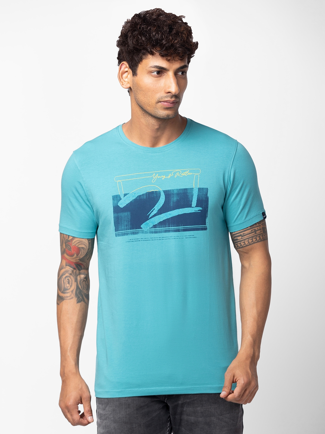spykar | Spykar Men Dusty Turquoise Cotton Regular Fit Half Sleeve Printed T-Shirt 0