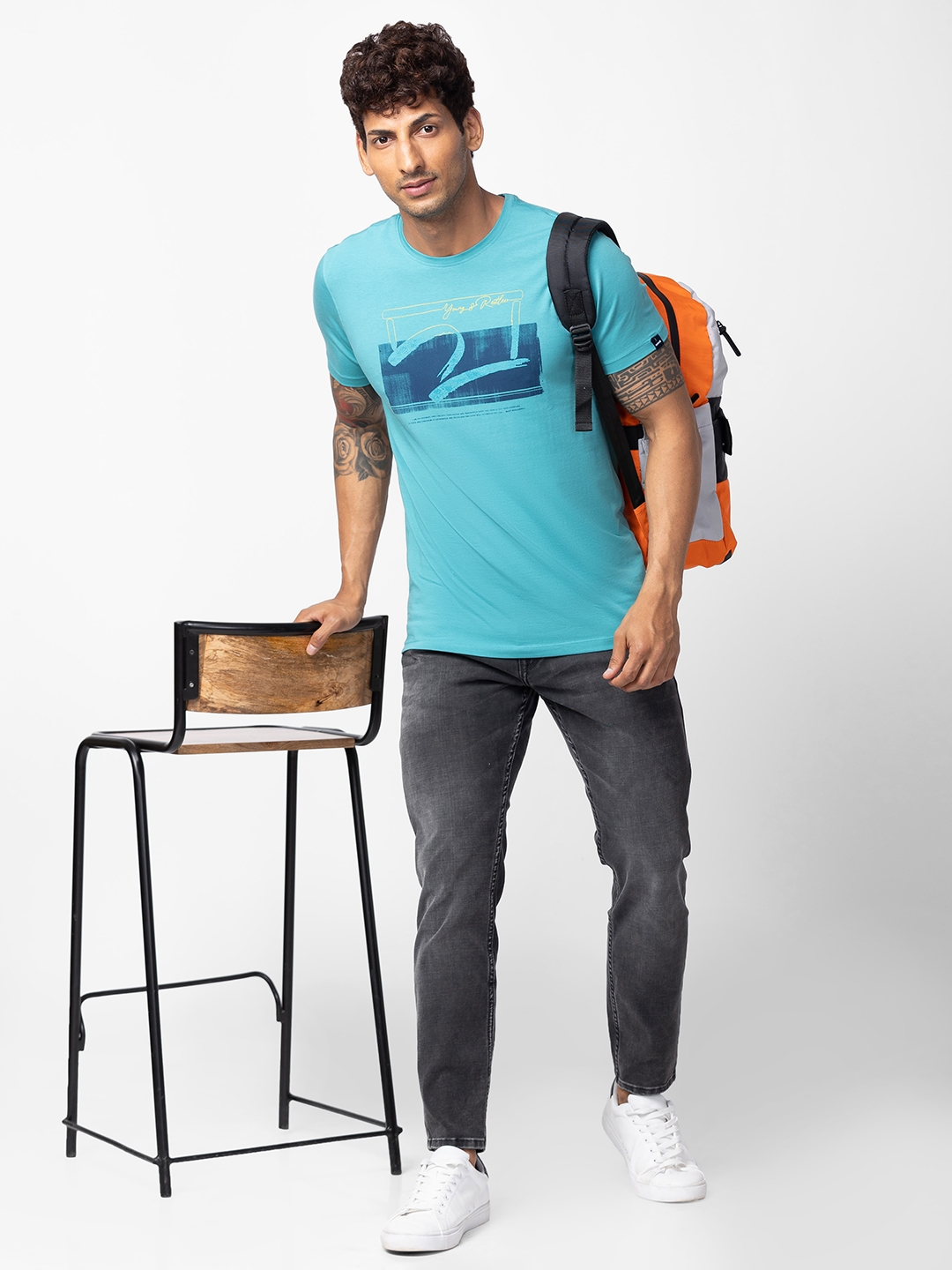 spykar | Spykar Men Dusty Turquoise Cotton Regular Fit Half Sleeve Printed T-Shirt 5