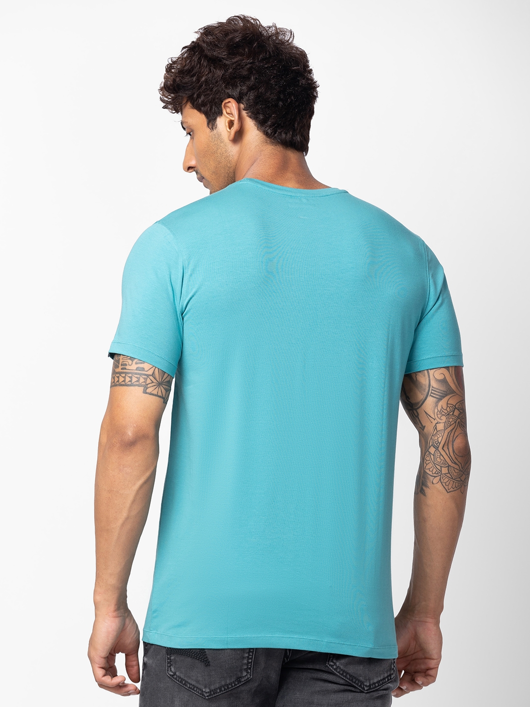spykar | Spykar Men Dusty Turquoise Cotton Regular Fit Half Sleeve Printed T-Shirt 2