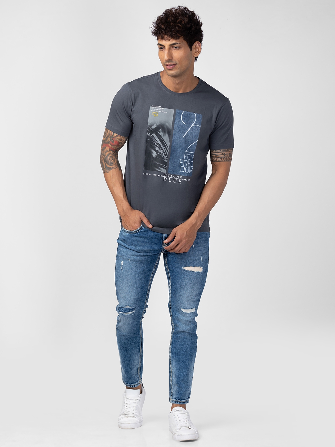 spykar | Spykar Men Slate Grey Cotton Regular Fit Half Sleeve Printed T-Shirt 1