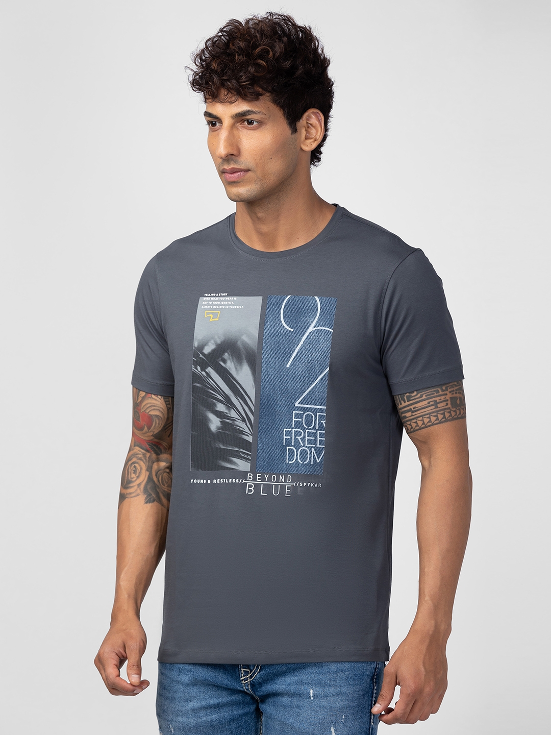 spykar | Spykar Men Slate Grey Cotton Regular Fit Half Sleeve Printed T-Shirt 3