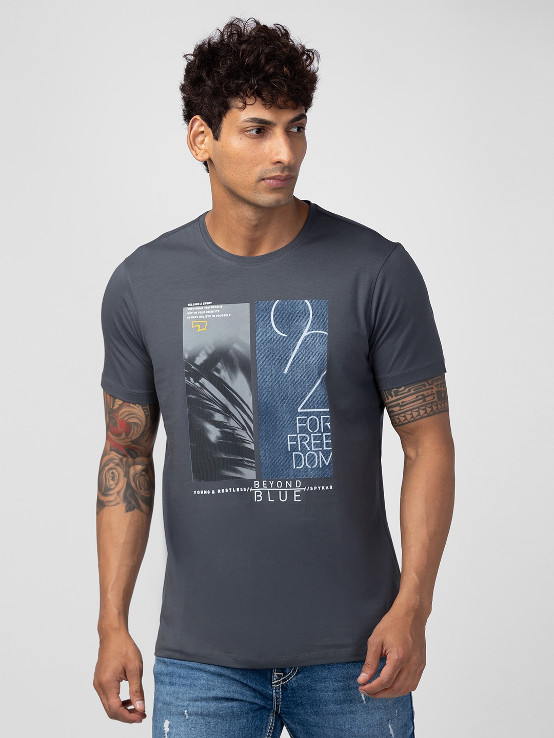 spykar | Spykar Men Slate Grey Cotton Regular Fit Half Sleeve Printed T-Shirt 0