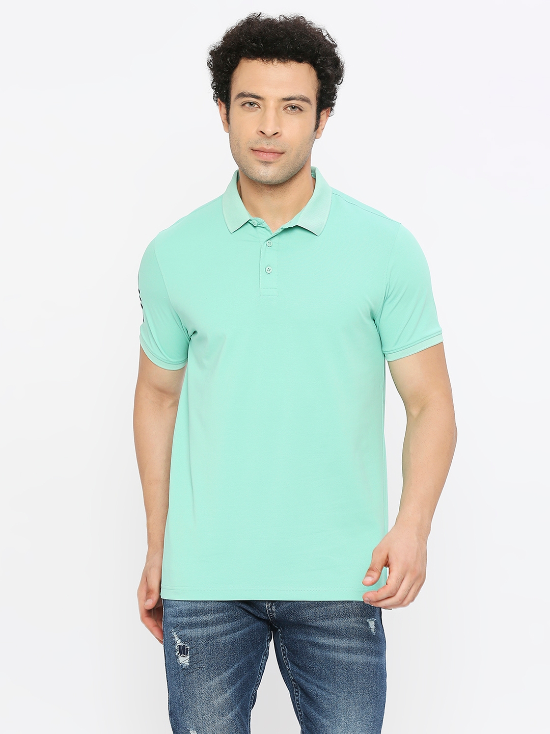 spykar | Spykar Men Ice Green Blended Regular Fit Half Sleeve Plain Polo Tshirt 0