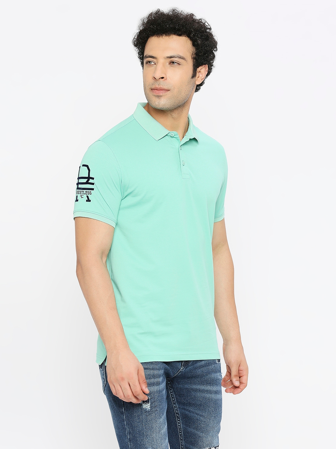 spykar | Spykar Men Ice Green Blended Regular Fit Half Sleeve Plain Polo Tshirt 2