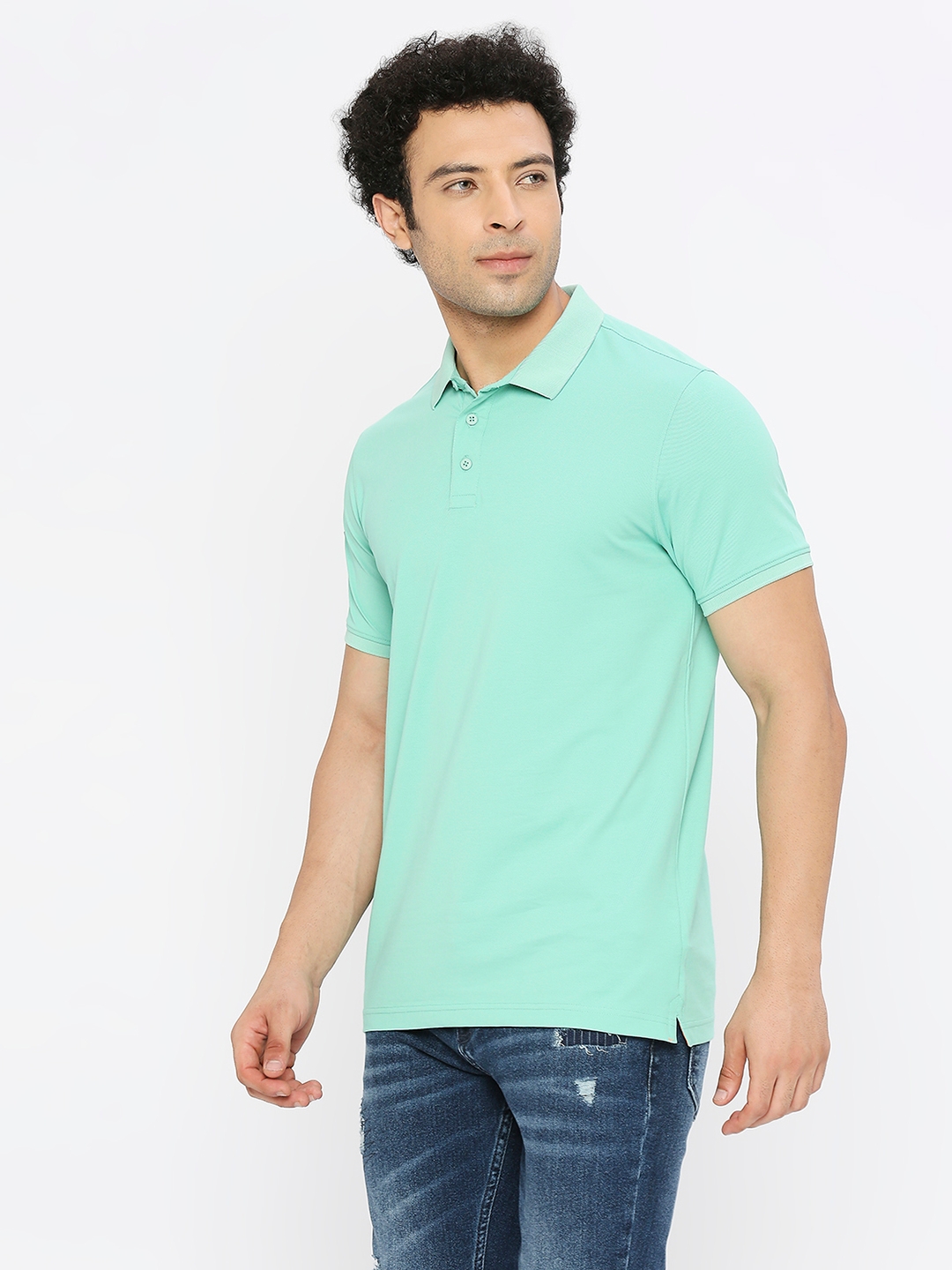 spykar | Spykar Men Ice Green Blended Regular Fit Half Sleeve Plain Polo Tshirt 1