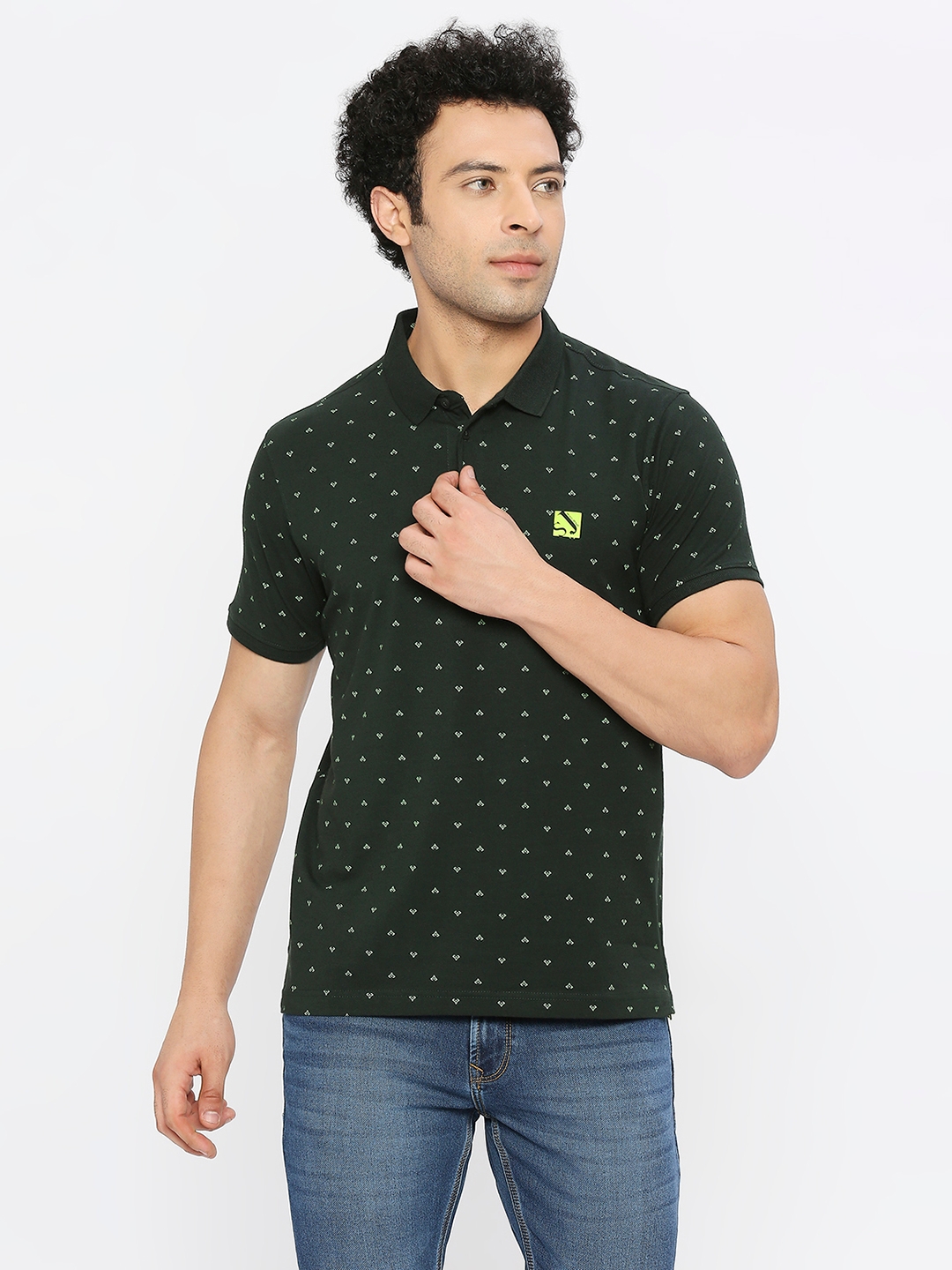 spykar | Spykar Men Bottle Green Blended Regular Fit Half Sleeve Printed Polo Tshirt 0
