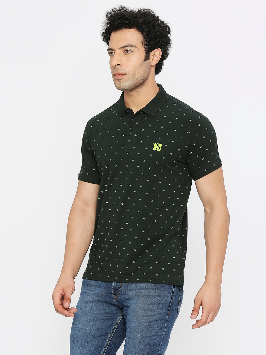 spykar | Spykar Men Bottle Green Blended Regular Fit Half Sleeve Printed Polo Tshirt 1