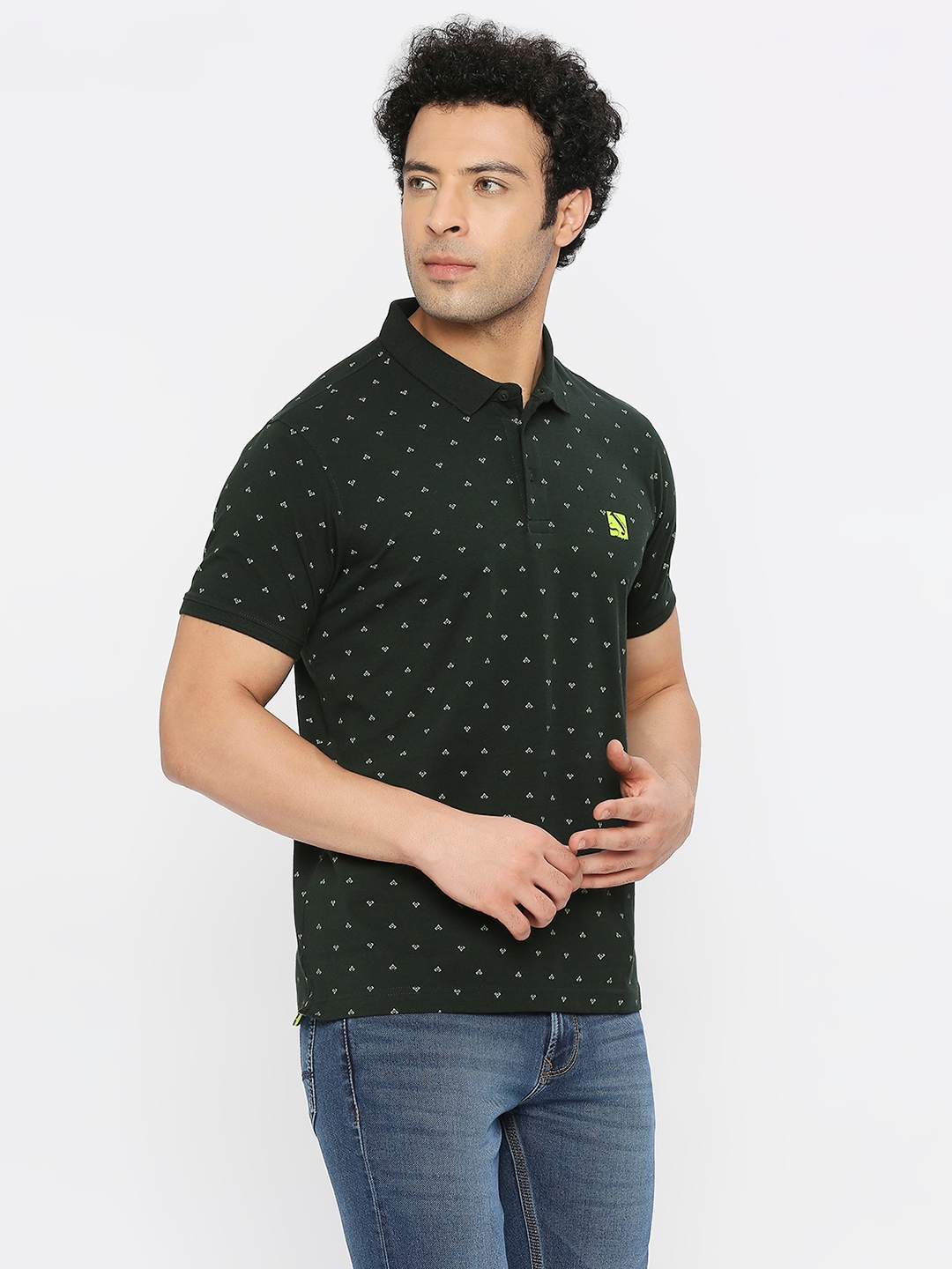 spykar | Spykar Men Bottle Green Blended Regular Fit Half Sleeve Printed Polo Tshirt 2